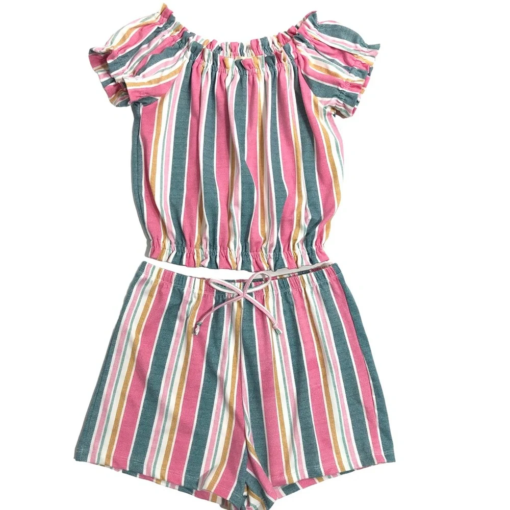 SHOSHO Top Shorts Set Size 10 Pink Stripes Comfortable Elastic Waist